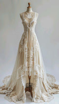 Vintage Ivory Round Neck Lace Sleeveless High-Low Train Wedding Dress TP2006