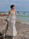 Vintage Ivory Mermaid Spaghetti Strap Pearl Lace Ankle-Length Ball Gown Evening Dress TP2039