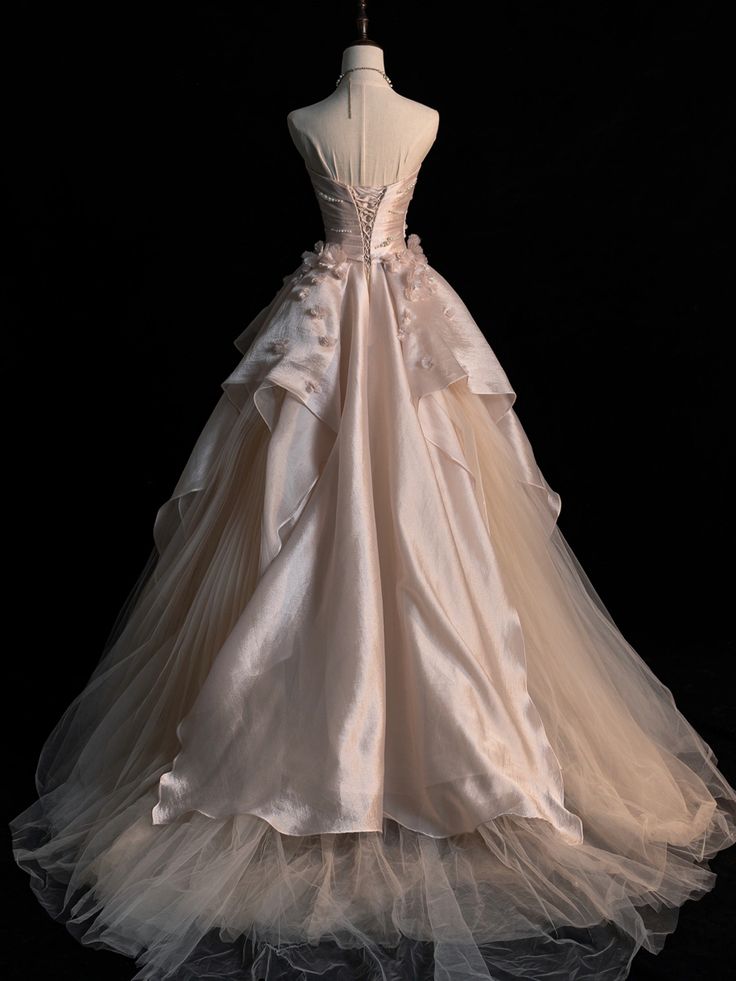 Elegant Pink A-line Strapless Pearl Tulle Floor-length Formal Prom Dress Evening Gown TP2041