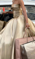 Simple Gold A-line Off-shoulder Sleeveless Satin Formal Floor-length Ball Gown Evening Dress TP2042