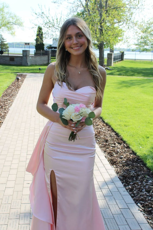 Elegant Pink Sweetheart Neck Mermaid Slit Satin Formal Prom Dress Evening Gown TP2054