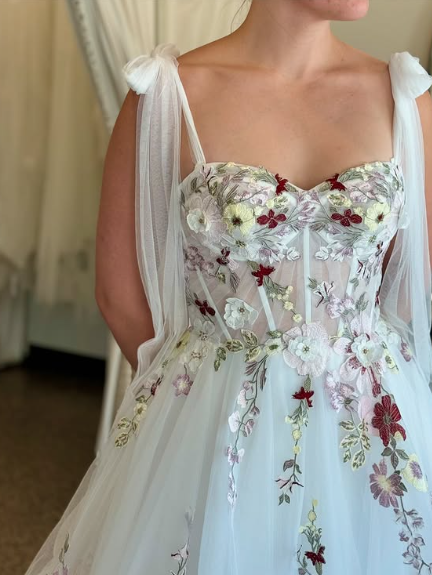 Elegant White A-line Strap Printed Tulle Wedding Dress with Train TP2055