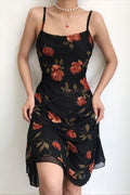 Vintage Black Print Spaghetti Strap Chiffon Knee Length Homecoming Dress TP2064