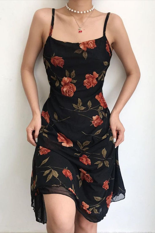 Vintage Black Print Spaghetti Strap Chiffon Knee Length Homecoming Dress TP2064