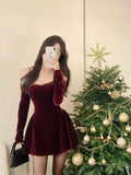 Burgundy A-line Off-shoulder Long Sleeve Velvet Mini Party Dress Homecoming Dress TP2091
