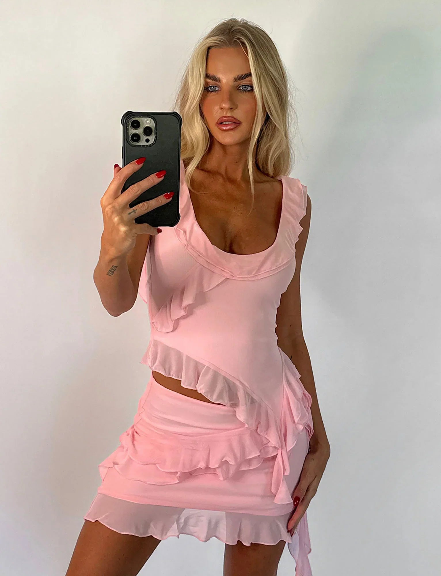 Sexy Pink Two Piece Low Cut Chiffon Ruffle Party Dress Homecoming Dress TP2098