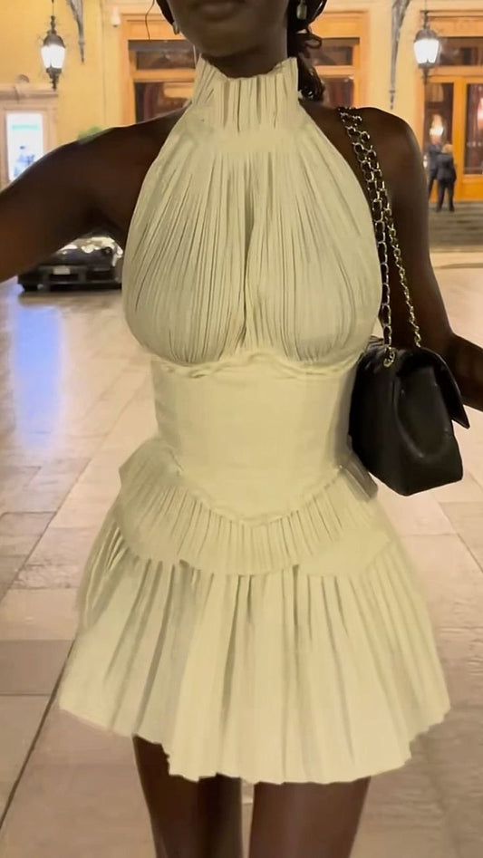 Chic pale yellow A-line high neck chiffon short prom dress homecoming dress TP2108