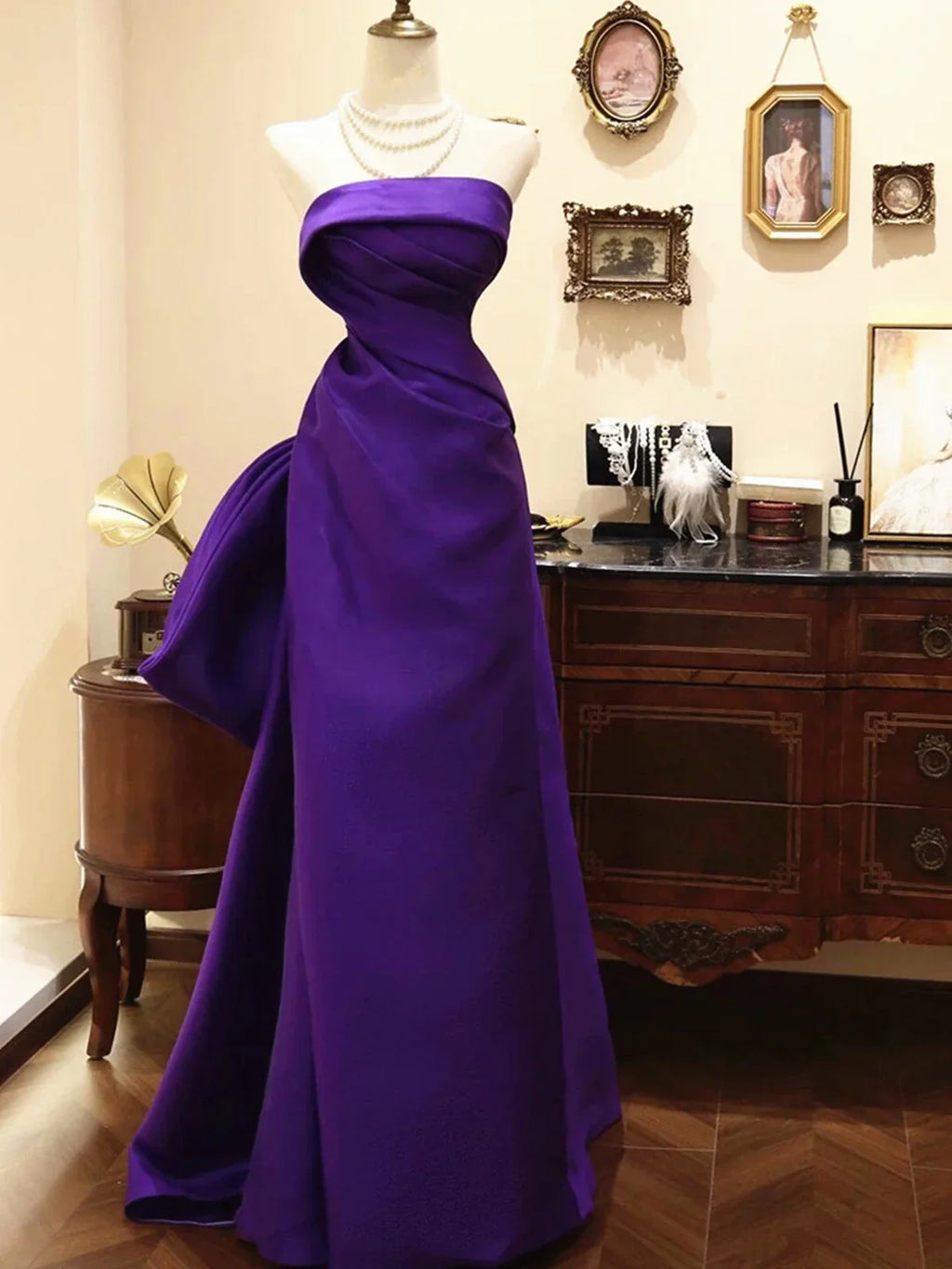 Purple Satin Scoop A-line Floor Length Party Dress, Purple Satin Long Prom Dress with Bow TP2119
