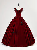Burgundy Velvet Long Prom Dress with Flower, Beautiful A-Line Formal Party Dress TP2130