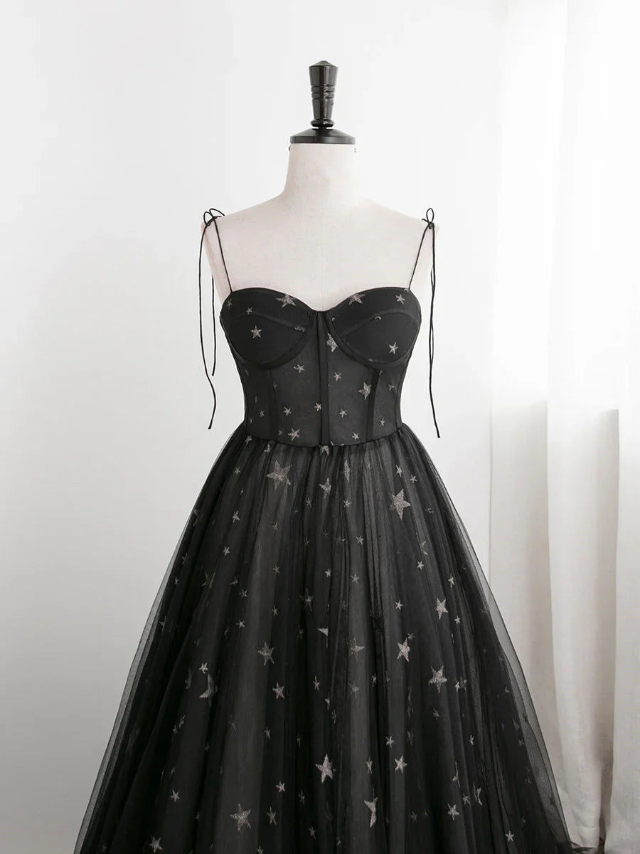 Charming Black Sweethart Tulle Straps A-line Long Formal Dress, Black Prom Dress TP2143