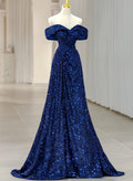 Blue Sequins Sweetheart Off Shoulder Evening Dress, A-Line Blue Long Party Dress Prom Dress TP2147