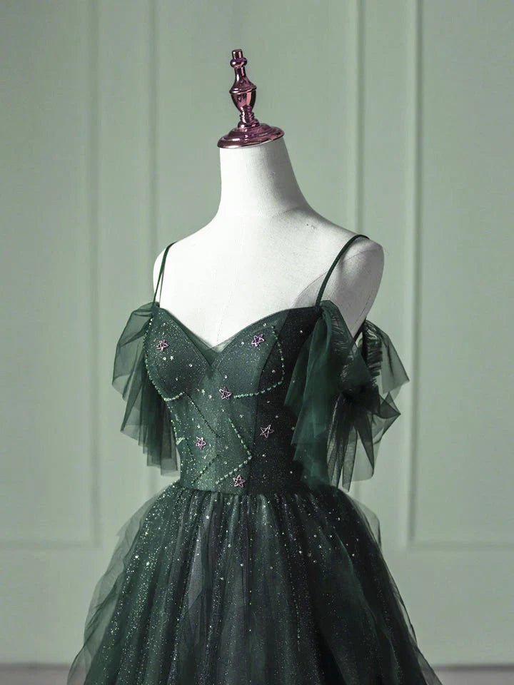 Green Gradient Tulle A-line Long Formal Dress, Green Beaded Straps Party Dress Prom Dress TP2150