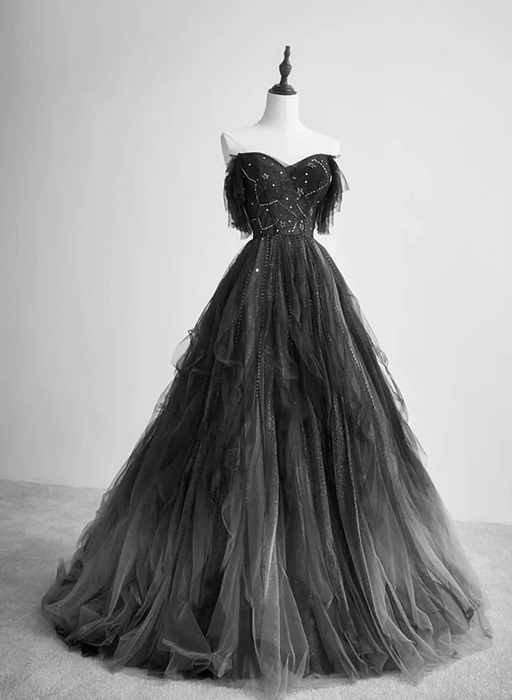 Black Tulle Off Shoulder Tulle Beaded Long Party Dress, Black Tulle Evening Dress Prom Dress TP2151