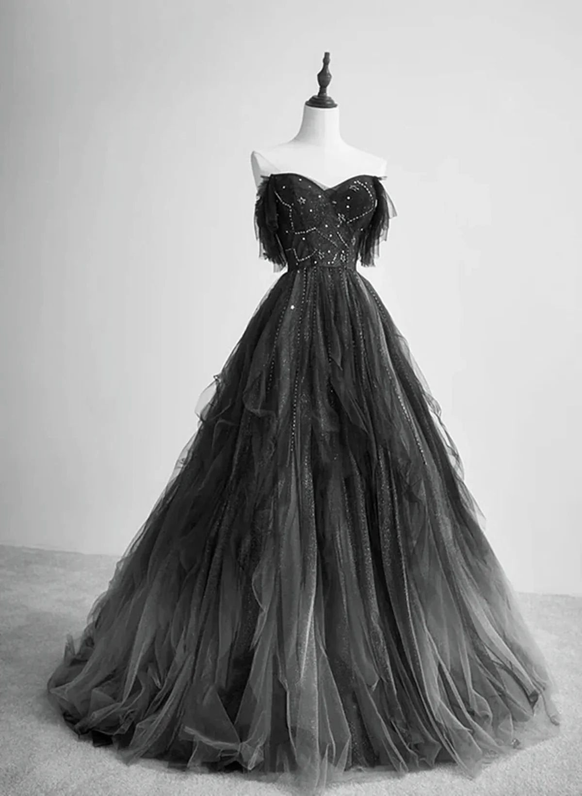 Black Tulle Off Shoulder Tulle Beaded Long Party Dress, Black Tulle Evening Dress Prom Dress TP2151