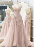 Pink Tulle A-line Long Prom Dress, Pink Tulle with Lace Party Dress Prom Dress TP2152