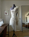 Chic White One Shoulder Irregular Hem Ruffled Mini Party Dress Prom Dress TP2158