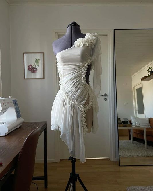 Chic White One Shoulder Irregular Hem Ruffled Mini Party Dress Prom Dress TP2158
