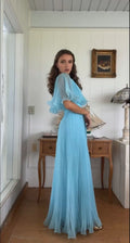 Elegant blue A-line ankle length pleated formal prom dress evening gown TP2160