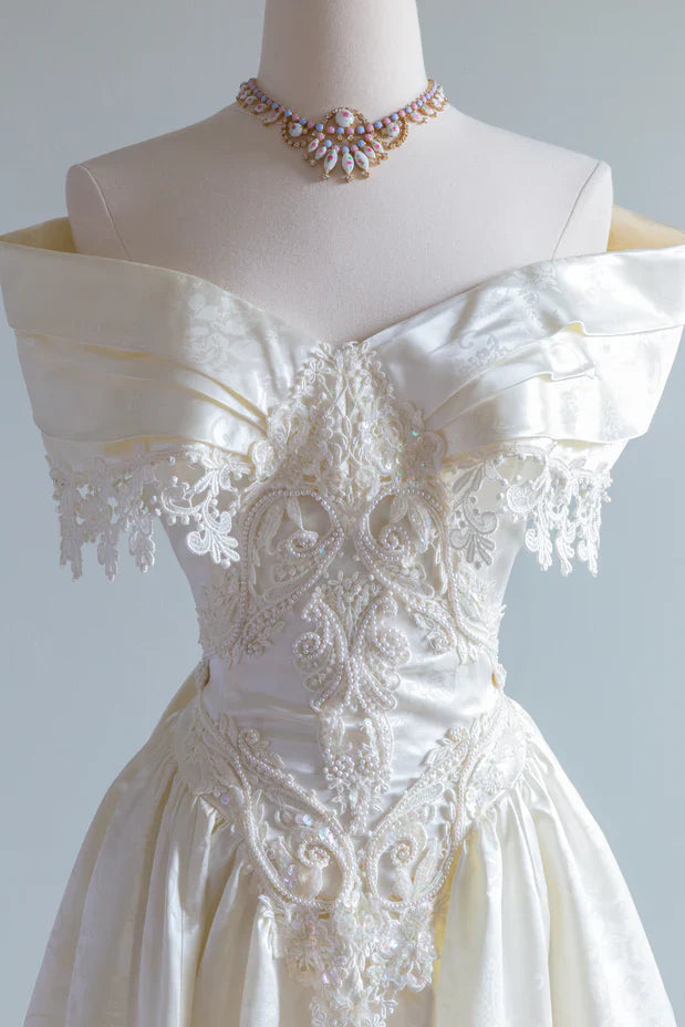 Vintage French Ivory A-line Off-the-shoulder Sequin Beaded Wedding Dress TP2165