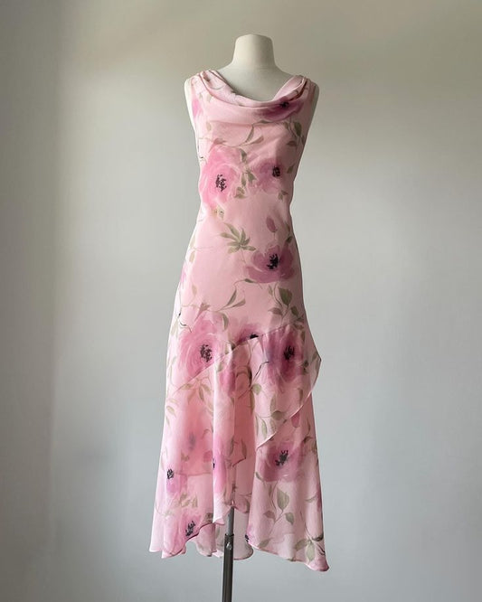 Printed Pink Sleeveless Chiffon Ruffle Ball Gown Evening Gown TP2169
