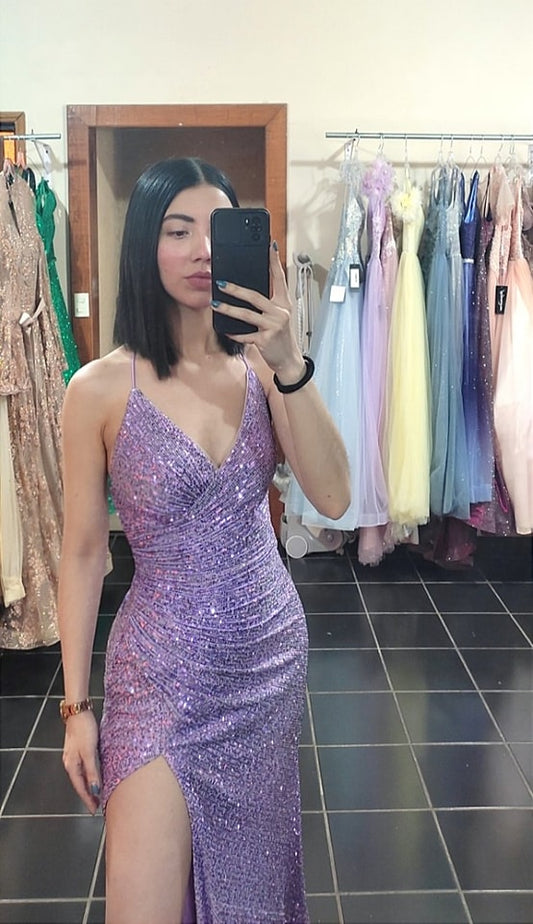 Charming Purple Spaghetti Strap Sequin Slit Formal Prom Dress Evening Gown TP2209