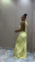 Chic Yellow High Neck Off Shoulder Sleeveless Long Ball Gown Evening Dress TP2244