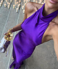 Charming Purple Satin High Neck Off Shoulder Mermaid Long Ball Gown Evening Dress TP2249