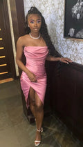 Simple Pink Strapless Sleeveless Satin Slit Mermaid Ball Gown Evening Dress TP2254