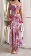 Elegant Purple Printed Spaghetti Strap Chiffon Slit Ball Gown Evening Dress TP2267