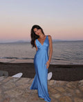 Mermaid V-neck Strap Sleeveless Blue Satin Simple Ball Gown Evening Dress TP2283