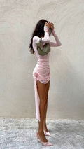Sexy Pink Long Sleeve Waist Pleated Mini Prom Gown Party Dress TP2287