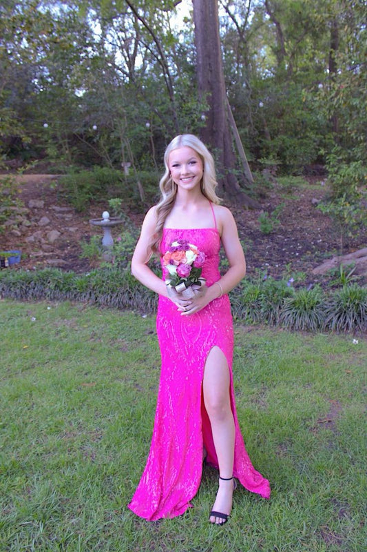 Barbie Pink Mermaid Halter Neck Off Shoulder Slit Prom Dress Bridesmaid Dress TP2301