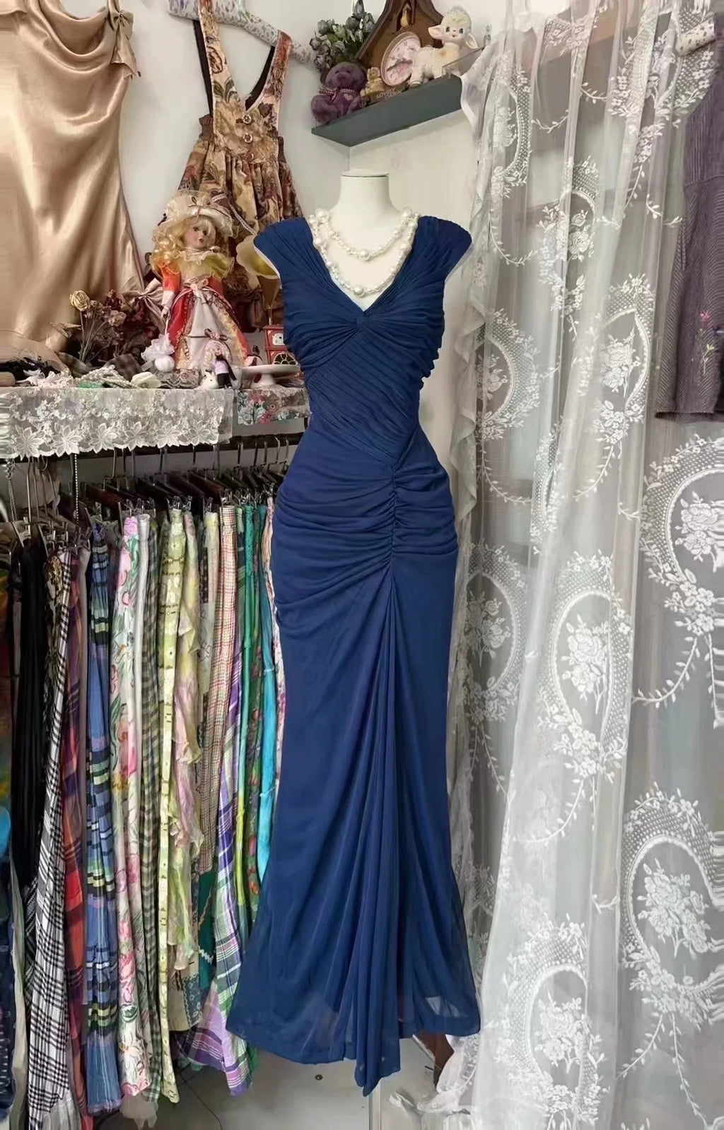 Vintage Navy Strapless Sleeveless Ruffled Mermaid Tulle Ball Gown Evening Dress TP2317