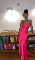 Hot Pink Spaghetti Strap Low Neck Satin Slit Floor Length Ball Gown Evening Dress TP2321