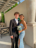 Elegant Blue Strapless Sweetheart Neck Slit Formal Prom Dress Bridesmaid Dress TP2348