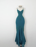 Vintage Blue Spaghetti Strap V Neck Beaded Off Shoulder Mermaid Ball Gown Evening Dress TP2350