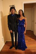 Gorgeous Sapphire Blue Sweetheart Neck Strapless Sequined Slit Formal Prom Dress Bridesmaid Dress TP2351