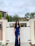 Navy Spaghetti Strap V Neck Satin Slit Formal Long Prom Dress  Bridesmaid Dress TP2356