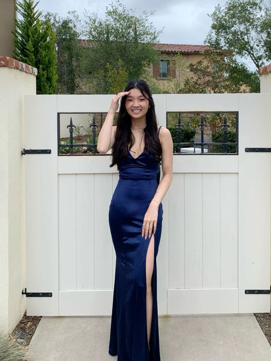 Navy Spaghetti Strap V Neck Satin Slit Formal Long Prom Dress  Bridesmaid Dress TP2356