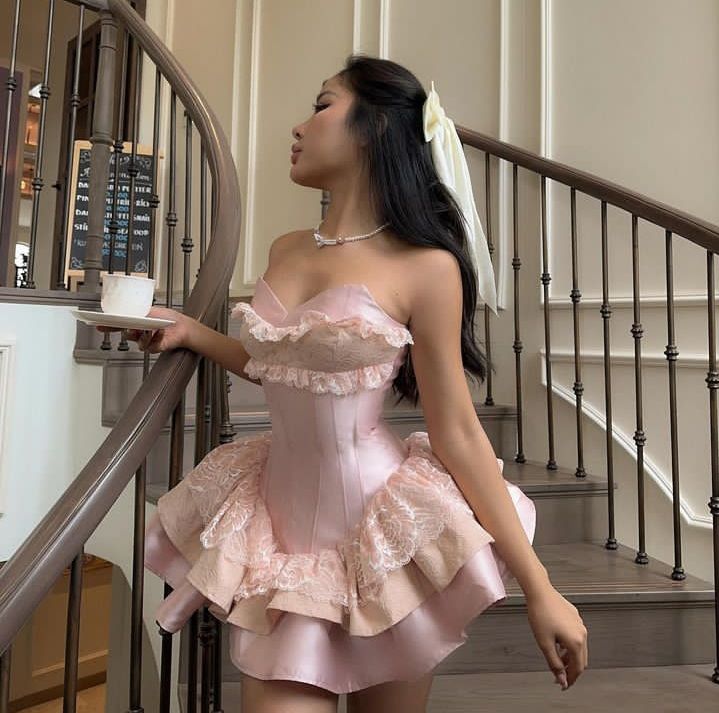 18th Birthday Sweet Pink Strapless Sweetheart Neck Lace Silk Satin Mini Birthday Dress Homecoming Dress TP2358