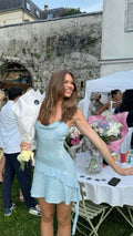 Spaghetti Strap Light Blue Sequin Ruffle Short Party Dress Homecoming Dress TP2364