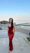 Simple Spaghetti Strap Burgundy Satin Long Mermaid Formal Prom Dress Evening Gown TP2368