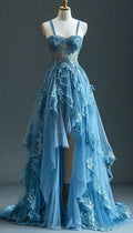 Illusion Strap Tulle High Low A-Line Blue Formal Long Prom Dress Evening Dress TP2382