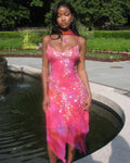Spaghetti Strap Pink Sleeveless Floral Chiffon Ball Gown Party Dress TP2392