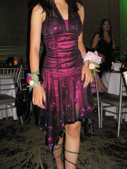 Vintage Pink Satin Halter Neck Sleeveless Sequin Short Ball Gown Evening Dress TP2394