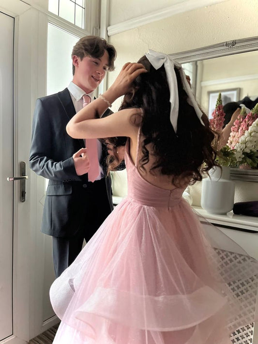 Elegant Pink A-line Spaghetti Strap Backless Layered Tulle Long Ball Gown Bridesmaid Dress TP2401