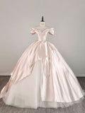 Elegant Pink Satin A-Line Off-The-Shoulder Floor-Sweeping Prom Dress Evening Gown TP2404