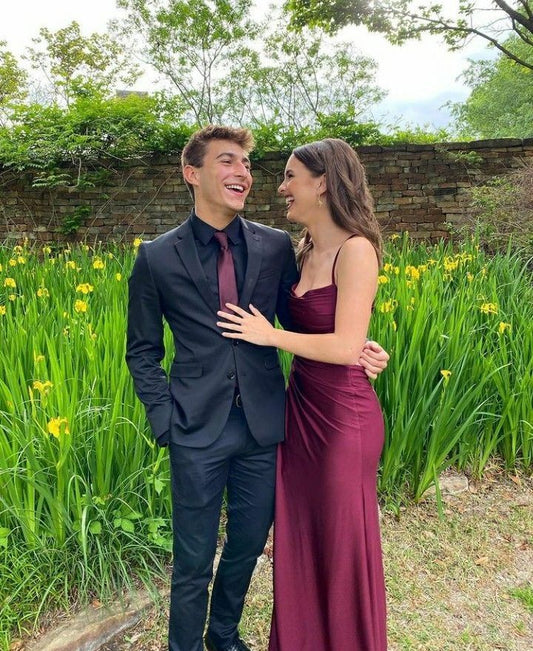 Elegant Burgundy Spaghetti Strap Sleeveless Backless Mermaid Prom Dress Bridesmaid Dress TP2409