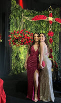 Elegant Mermaid Burgundy Slit V Neck Sequin Formal Prom Dress Evening Gown TP2416