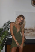 Spaghetti Strap Green Halter Neck Low Cut Ruffled Mini Prom Dress  Party Dress TP2424